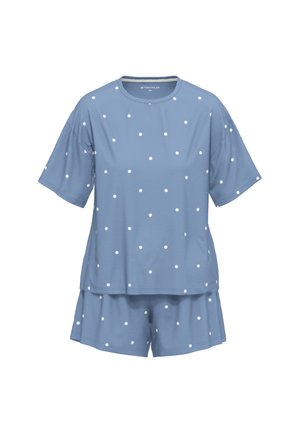 Blaues kurzärmeliges Oberteil mit Punkten und passende Shorts. Hergestellt aus weichem Stoff, mit lockerer Passform und weißen kreisförmigen Mustern überall.