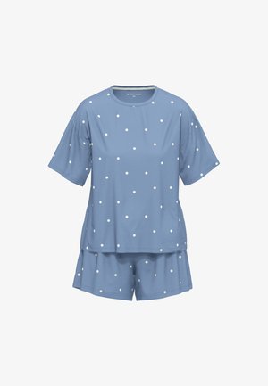 Zila punktiņu īsām piedurknēm augšdaļa un atbilstošās šortas. Izgatavots no mīksta auduma, ar brīvu piegriezumu un baltām apļveida raksta detaļām visā apģērbā.