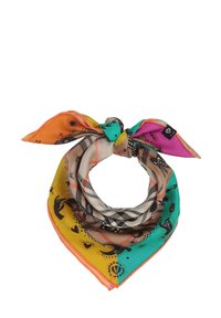 Silk scarf in vibrant colors, featuring patterns of hands and celestial motifs. Edges trimmed in orange, with a knotted design for styling.