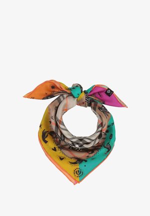 Selyem sál élénk színekben, kéz- és égi motívumokkal díszítve. Narancssárga szegéllyel, csomózott kialakítással a stílusos viselethez.