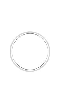 Cirkulär spegel med en smal, metallisk silverram. Slät yta, minimalistisk design och inga synliga fästen eller accenter.