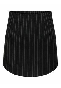Zwarte minirok met verticale witte strepen, met een strakke vormgeving, een gladde textuur en een elastische tailleband zonder zichtbare sluitingen.