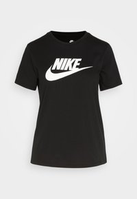 Camiseta de algodón negra con un destacado logo y diseño de swoosh de Nike en blanco en el frente. Mangas cortas y cuello redondo.