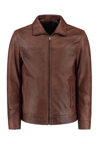 Brown leather jacket with a zip front, pointed collar, two side pockets, and subtle stitching details. Smooth texture and classic design.