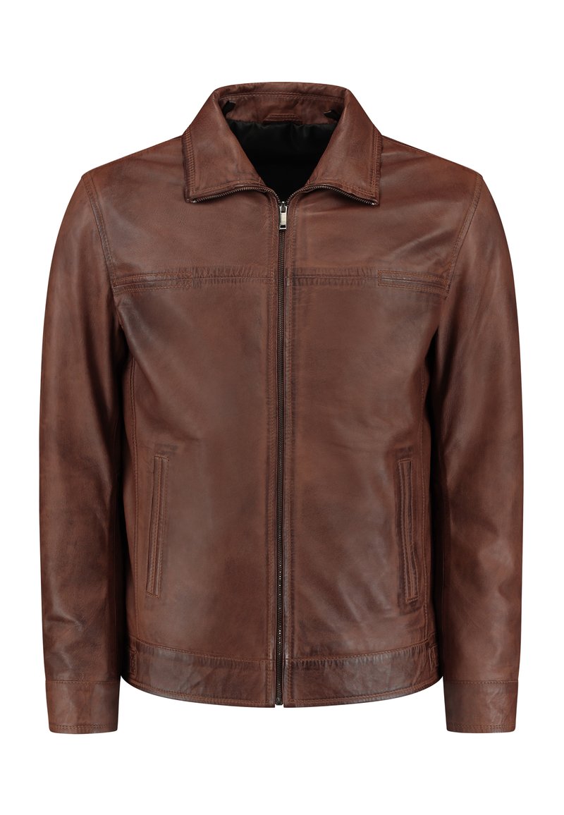 Brown leather jacket with a zip front, pointed collar, two side pockets, and subtle stitching details. Smooth texture and classic design.