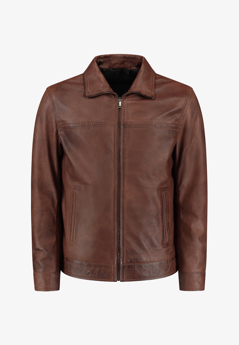 Brown leather jacket with a zip front, pointed collar, two side pockets, and subtle stitching details. Smooth texture and classic design.