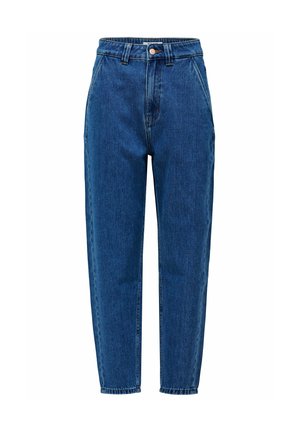 Jeansy z wysokim stanem w niebieskim kolorze, zwężające się ku dołowi, z zapięciem na guziki, kieszeniami z przodu oraz subtelnymi detalami przeszycia.