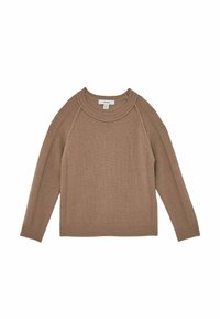 Brun stickad tröja med rund halsringning och raglanärmar. Har ribbade muddarna och nederkant, samt en mjuk, texturerad finish.