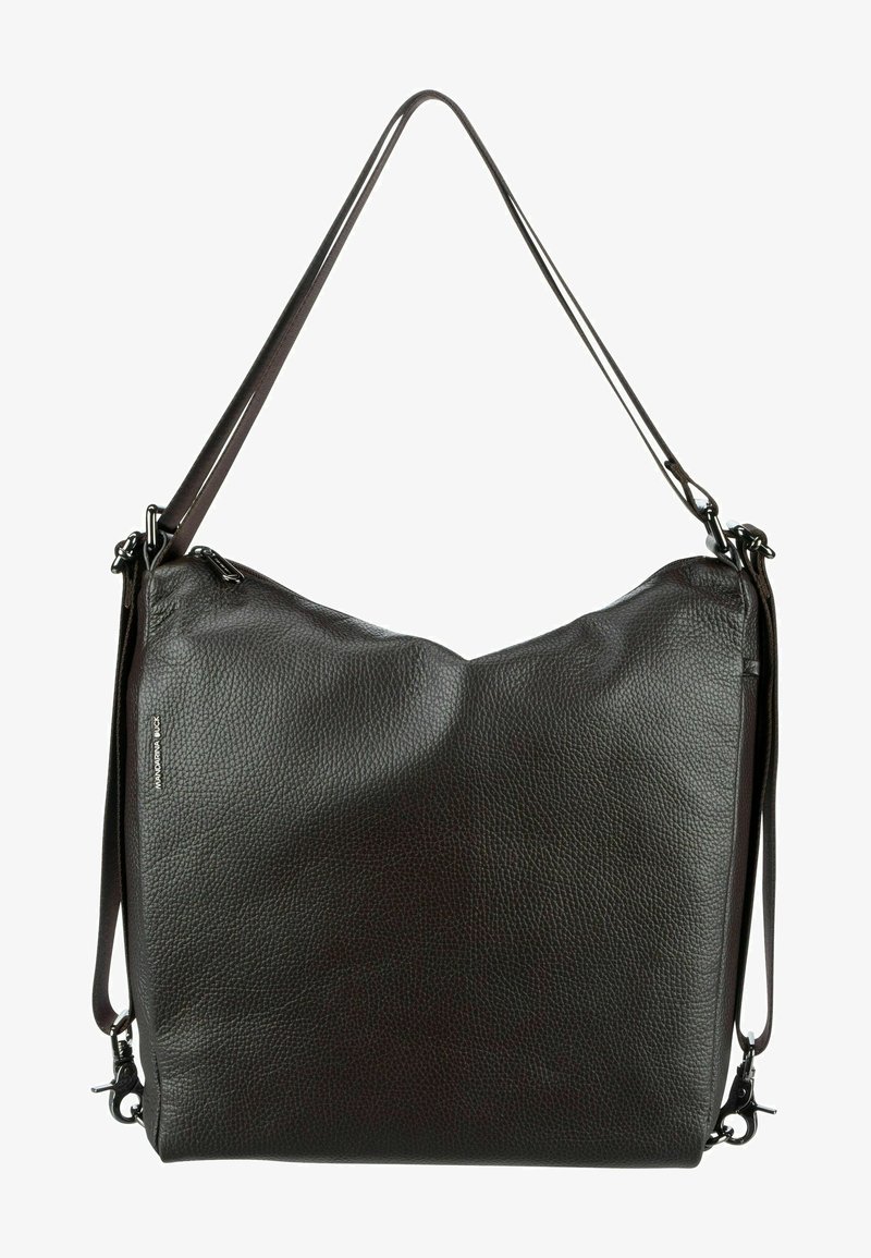 Schwarze Lederhandtasche mit strukturierter Oberfläche, ausgestattet mit einem einzelnen verstellbaren Träger und einem Reißverschluss. Das Design ist geräumig und modern.