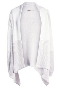 Lehký kardigan s otevřeným předním dílem v měkké bílé a světle šedé přízi, se strukturovaným pletením a diagonálním vzorem. Jemně se vznáší.