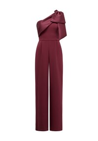 Jumpsuit bordeaux a spalla unica con gambe ampie e un grande dettaglio a fiocco sulla spalla.