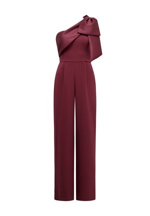 One-shoulder burgundy jumpsuit with wide legs and a large bow detail on the shoulder.