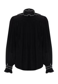 Schwarze Bluse mit langen Ärmeln, Rüschencollar und elastischen Bündchen. Verfügt über ein plissiertes Design und kontrastierende weiße Nähte an den Bündchen.