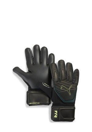 Czarne rękawice bramkarskie z teksturowanymi lateksowymi dłońmi, wypełnionymi palcami i czarnymi paskami na nadgarstkach. Posiadają zielone logo i branding Puma.