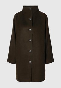 Manteau en laine brun mélangé avec un col haut, six boutons noirs et poches latérales. Le design présente une silhouette décontractée avec des manches larges.