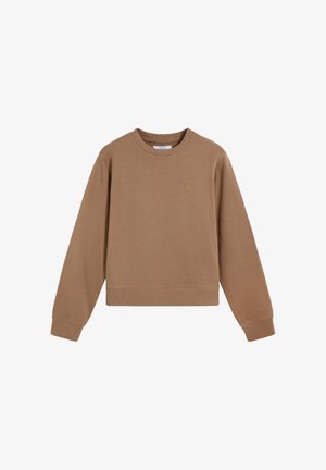 Sweat-shirt marron à col rond avec manches longues, poignets et ourlet côtelés, comportant un petit logo brodé sur la poitrine.