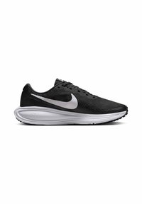 Zapatilla deportiva negra de malla con superficie texturizada, que presenta un swoosh blanco de Nike, suela de goma y diseño de suela acolchada.