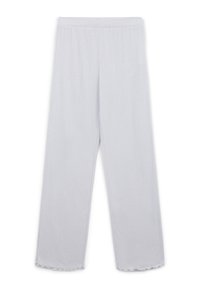 Pantalons gris clair à large jambe en tissu côtelé, présentant une texture douce et un ourlet effiloché. Ceinture élastique pour le confort.