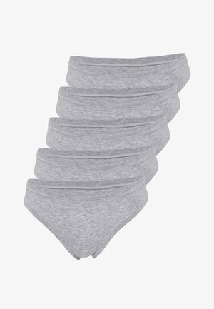 Grå bomuldsunderbukser med en glat, elastisk talje og sømløst design. Fem par stablet, der viser ensartet farve og tekstur.