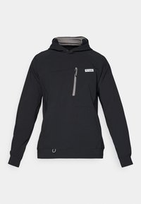 Black hoodie with a front pocket and gray interior lining, featuring a logo patch, adjustable hood, and elastic cuffs. Smooth texture.