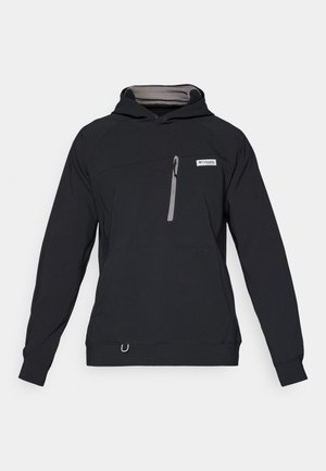 Black hoodie with a front pocket and gray interior lining, featuring a logo patch, adjustable hood, and elastic cuffs. Smooth texture.