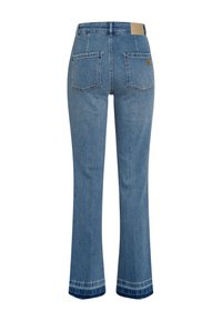Blue denim flared jeans with a high waist, featuring two back pockets and a hem with a contrast stitched detail. Tag visible on waistband.