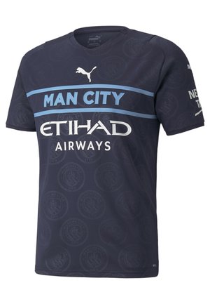 Donkerblauw Manchester City voetbalshirt met lichtblauwe strepen, clublogo-patroon, Puma-logo en Etihad Airways sponsortekst.