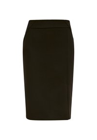 Jupe crayon noire à taille haute, fente latérale et coutures cintrées pour un look élégant et professionnel.