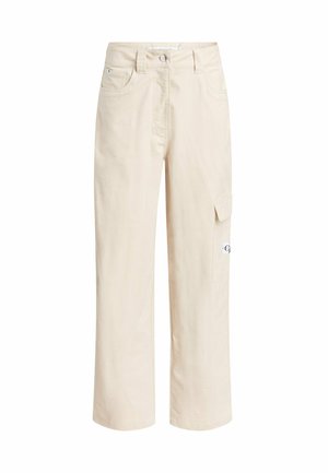 Bežīgas kravas bikses, izgatavotas no viegla auduma, ar taisnu kāju dizainu, sānu kabatu un smalkiem šuvumu elementiem.