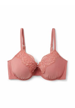 Pink bra with lace detailing along the top edge, padded cups, and thin adjustable straps. Smooth fabric with a seamless design.
