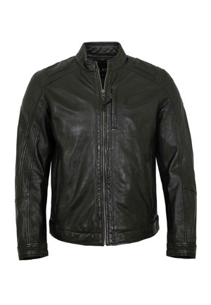 Schwarze Lederjacke mit Frontreißverschluss, Stehkragen, Reißverschlusstasche auf der Brust und gesteppten Details an Schultern und Ärmeln.