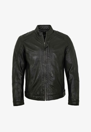Schwarze Lederjacke mit Frontreißverschluss, Stehkragen, Reißverschlusstasche auf der Brust und gesteppten Details an Schultern und Ärmeln.