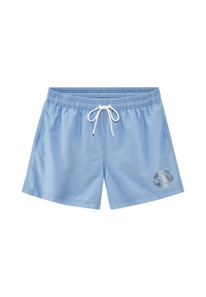 Hellblaue Badeshorts mit weißem Kordelzug und seitlichen Taschen, mit kleinem Palmbaum- und Surfbrett-Motiv am unteren rechten Bein.
