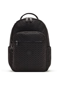 Black backpack featuring a geometric pattern, fabric material, dual front zippers, top handle, and logo accent on the front.