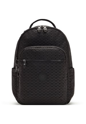 Black backpack featuring a geometric pattern, fabric material, dual front zippers, top handle, and logo accent on the front.
