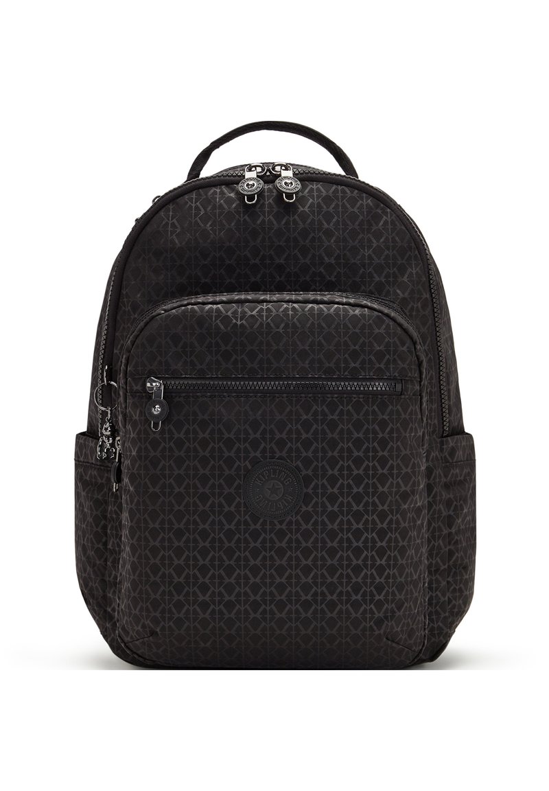Black backpack featuring a geometric pattern, fabric material, dual front zippers, top handle, and logo accent on the front.