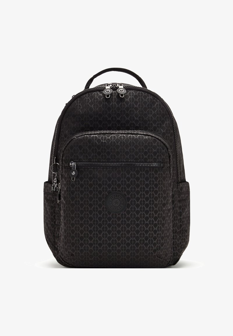 Black backpack featuring a geometric pattern, fabric material, dual front zippers, top handle, and logo accent on the front.