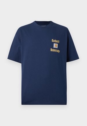 Navy blue cotton t-shirt with short sleeves, featuring gold text "Carhartt University" and a logo patch on the left chest.