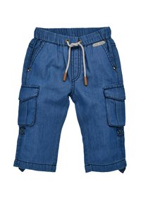 Cargo-Shorts aus Denim mit elastischem Bund, Kordelzug, zwei Seitentaschen und umgeschlagenen Säumen, hauptsächlich in Dunkelblau mit beigen Akzenten.