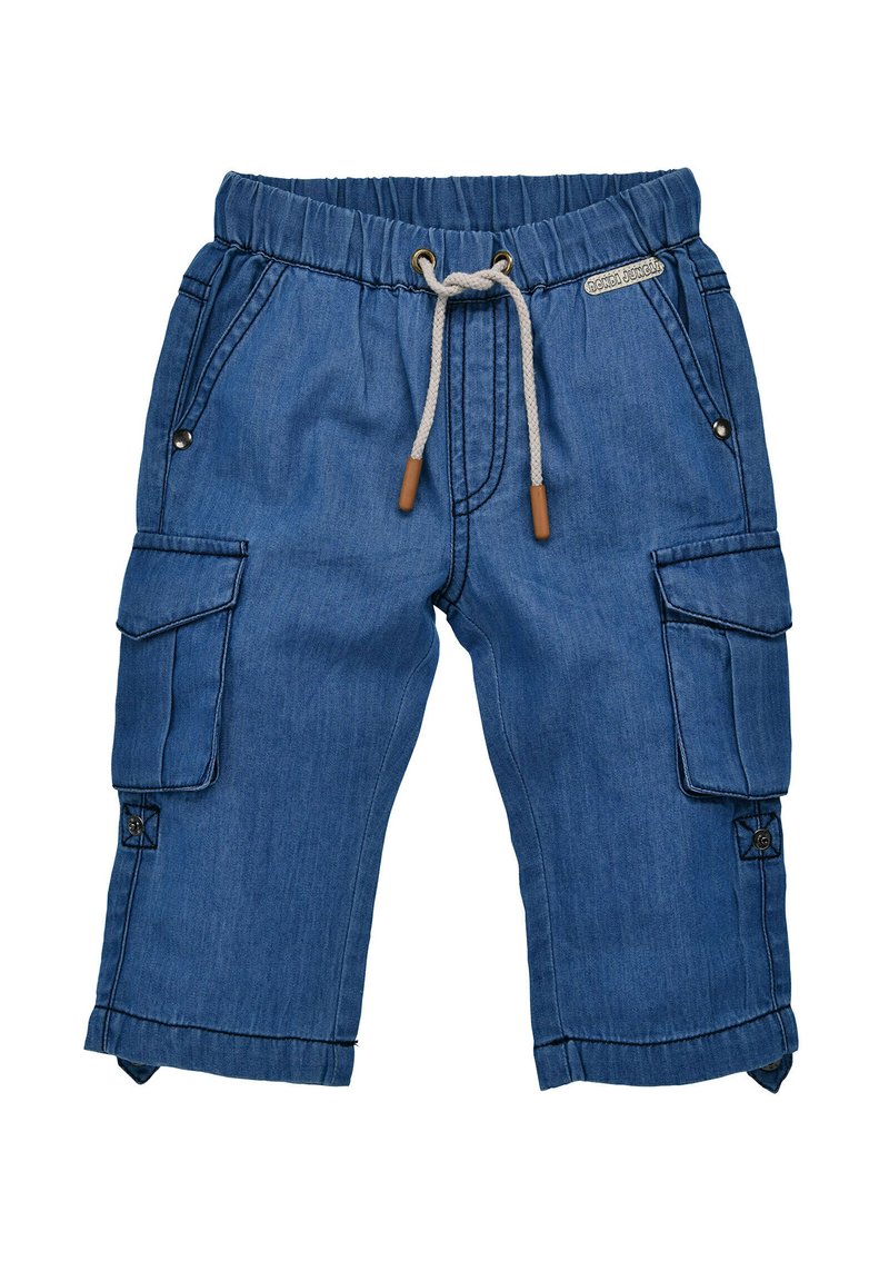 Cargo-Shorts aus Denim mit elastischem Bund, Kordelzug, zwei Seitentaschen und umgeschlagenen Säumen, hauptsächlich in Dunkelblau mit beigen Akzenten.