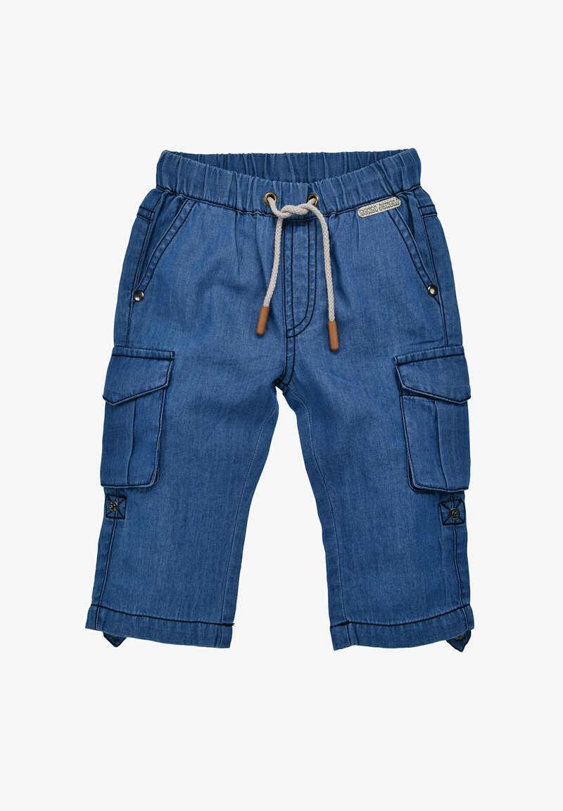Pantaloni cargo in denim con cintura elastica, chiusura con coulisse, due tasche laterali e bordi risvoltati, principalmente di colore blu scuro con dettagli beige.