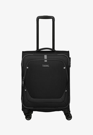 Schwarzer Koffer mit Rollen aus strukturiertem Stoff, einem teleskopischen Griff und vier drehbaren Rollen. Mit minimalistischen grauen Akzenten.