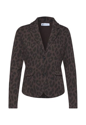 Bruine damesblazer met zwarte luipaardvlekken, notch-reverskraag, twee knopen en voorflapzakken van Street One.