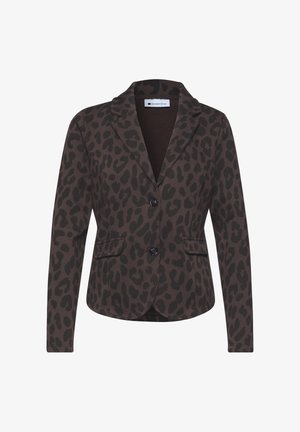 Blazer marron pour femme avec taches léopard noires, col à revers entaillé, deux boutons et poches avant à rabats, de la marque Street One.