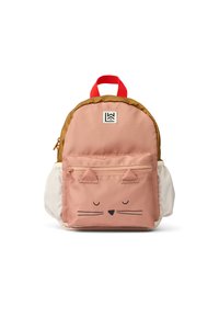Pink backpack with cat face design, brown top, red handle, and white side pockets. Features two ears and a zipper front pocket.
