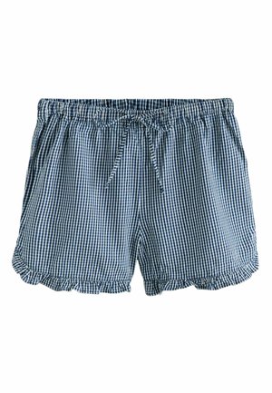 Modro-biele kockované dámske šortky s elastickým pásom, predným zaväzovaním a volánikovými lemami.