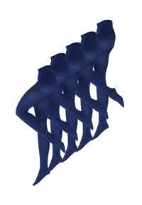 Granatowe rajstopy prezentowane w pięciu nakładających się parach, charakteryzujące się gładką teksturą i wysokim stanem, dopasowane dla smukłego wyglądu.