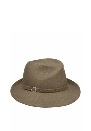 Brown felt fedora hat with a narrow brim and a matching band featuring a small silver buckle.