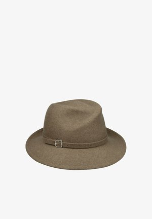 Brown felt fedora hat with a narrow brim and a matching band featuring a small silver buckle.