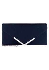Navyblaue Clutch mit einer eleganten, matten Oberfläche, ausgestattet mit einem silbernen, metallischen V-förmigen Akzent und einem abnehmbaren Kettenriemen.